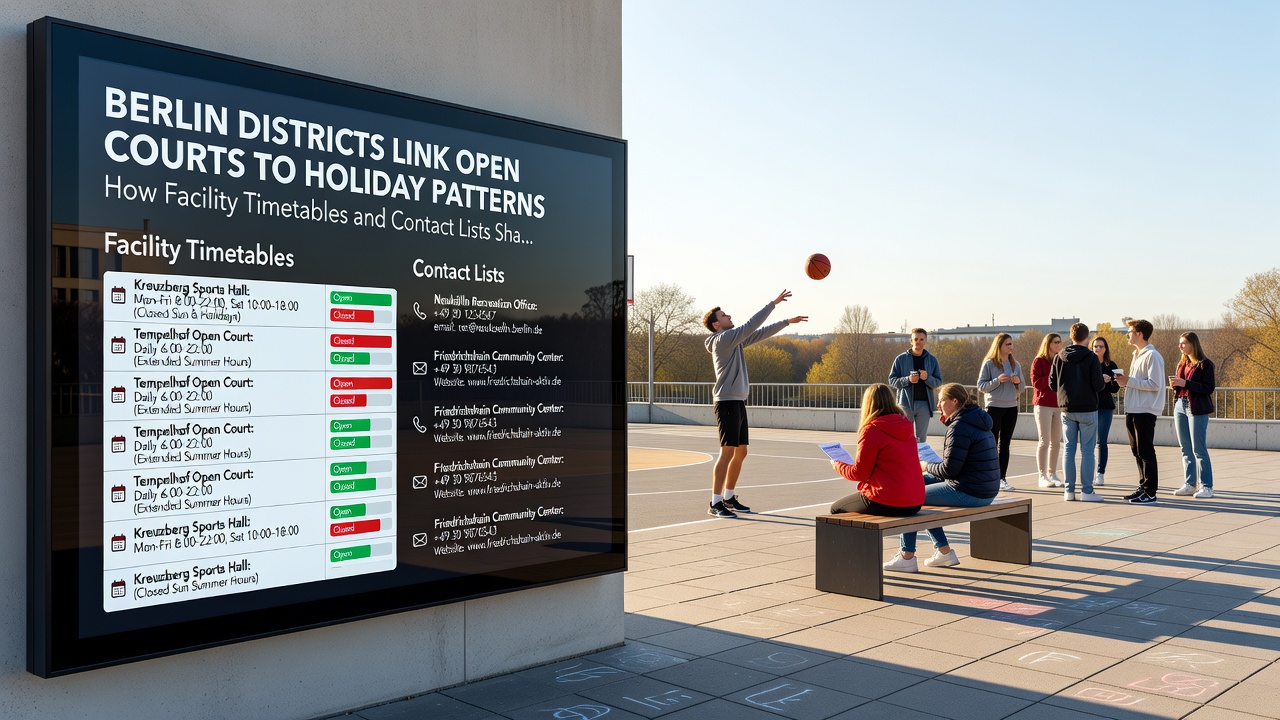 Youth playing on open Berlin courts during school holidays with district contact info overlaid