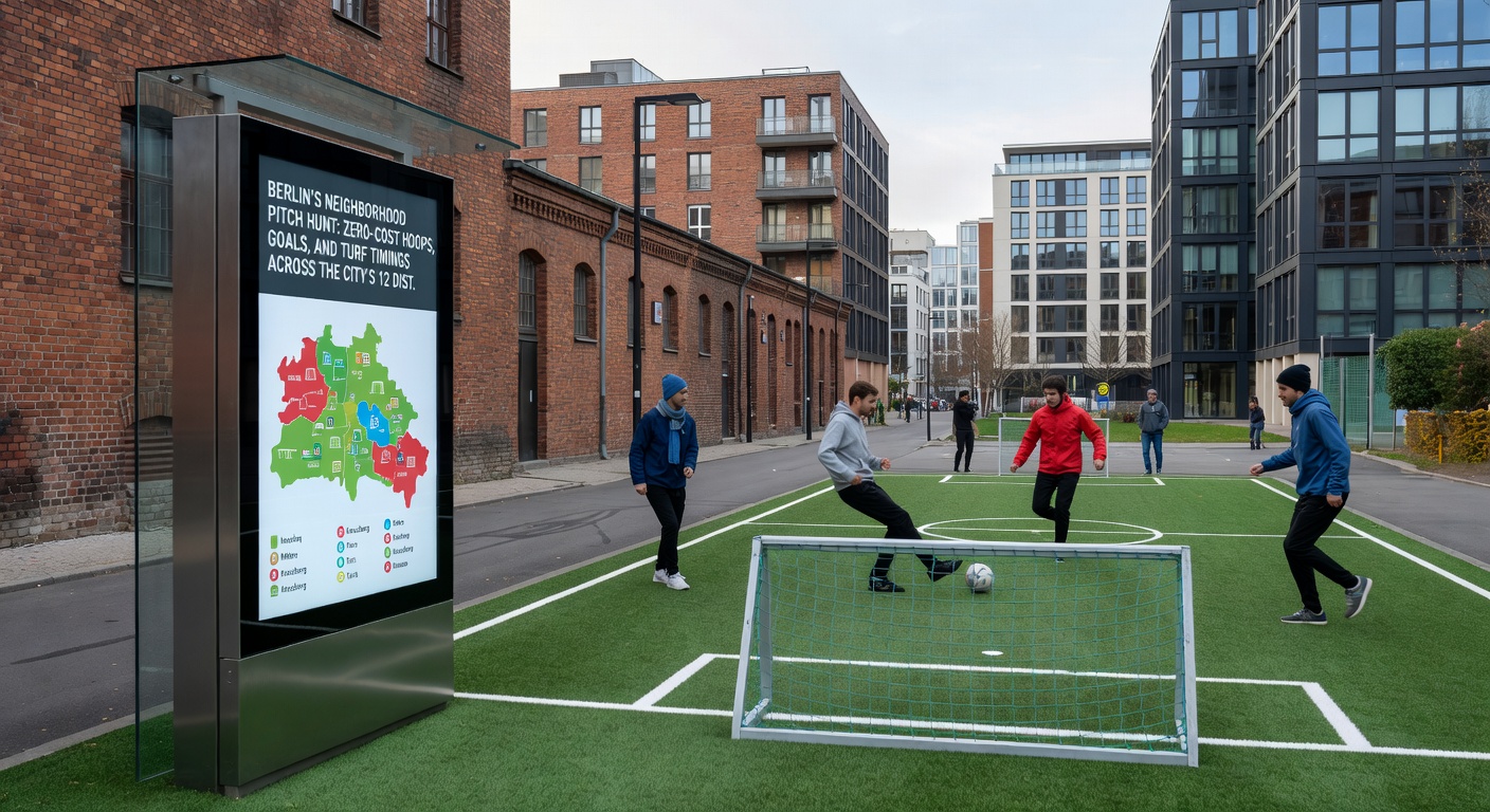 Fußballer auf Kunstrasen in einem Berliner Bezirkpark, mit Kindern im Hintergrund und Stadtlichtern bei Dämmerung