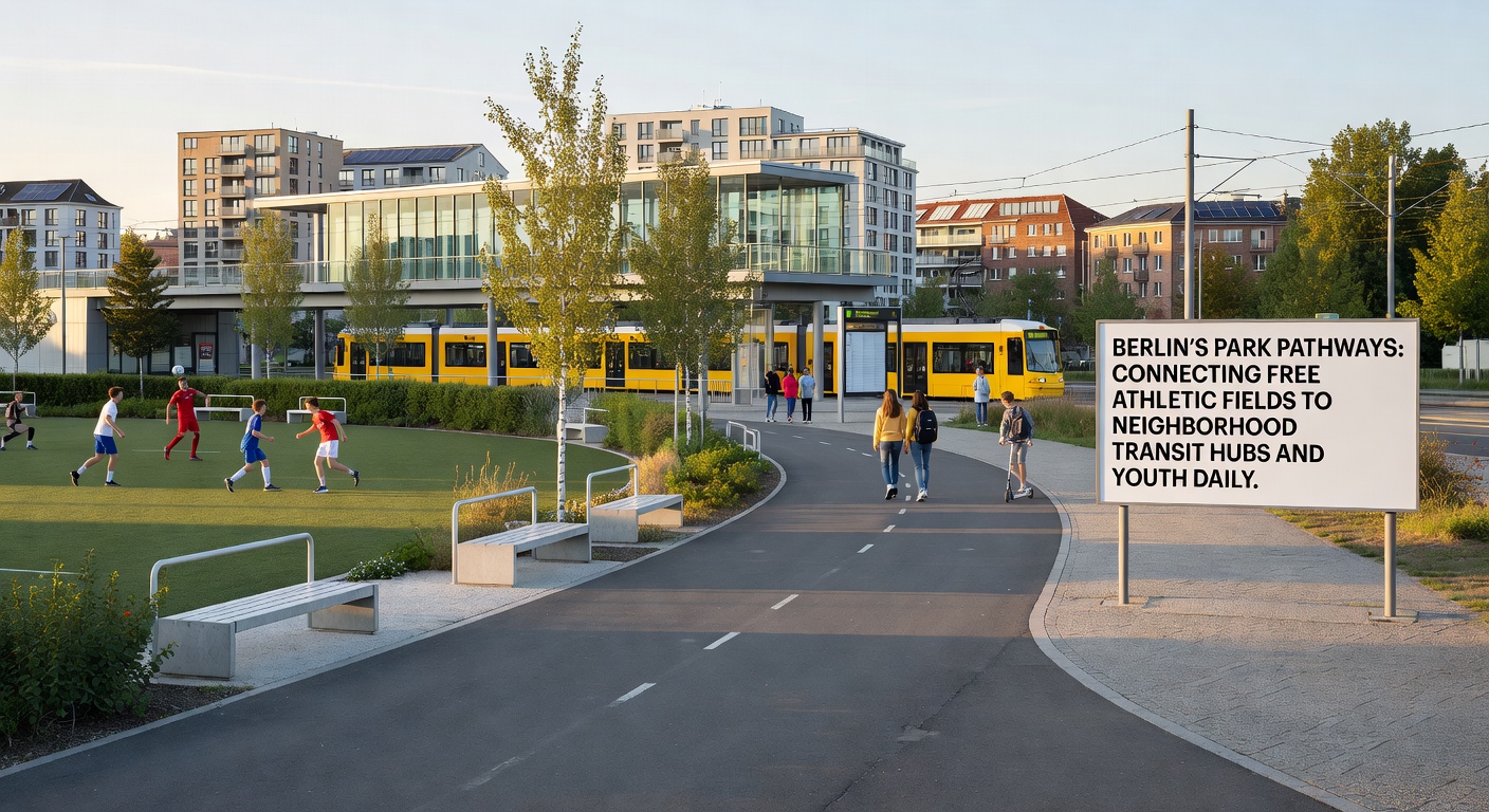 Jugendliche nutzen beleuchtete Parkwege in Berlin am Abend, um von einem Basketballfeld zu einer nahegelegenen Transitstation zu gelangen