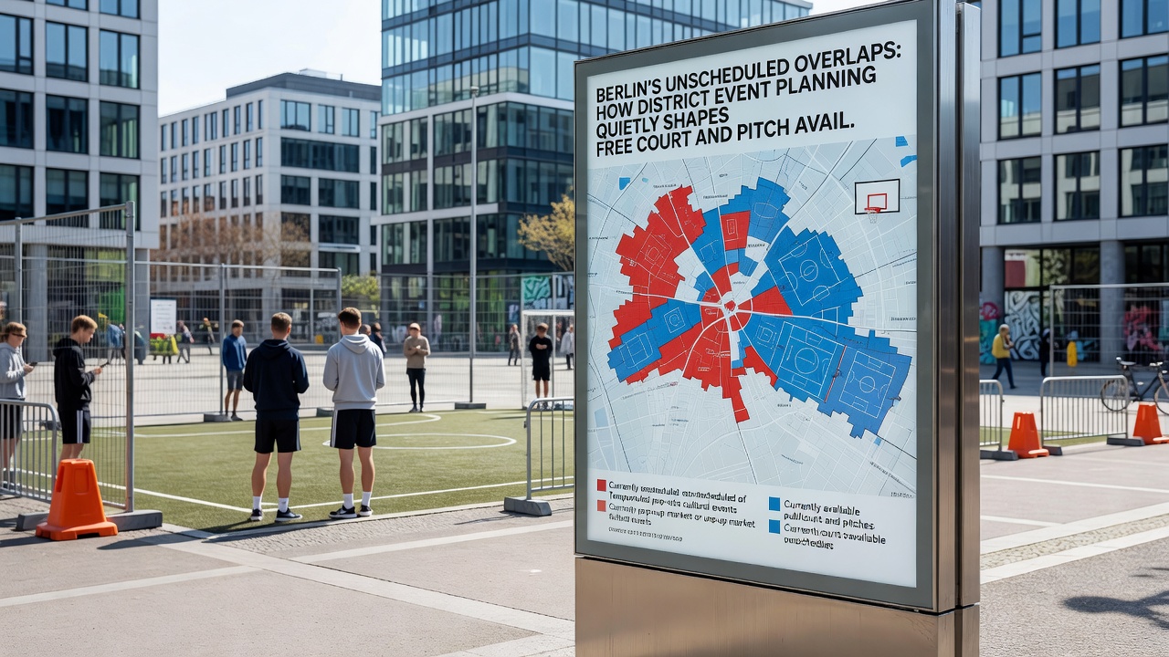 Jugendliche warten an einem abgesperrten Basketballcourt während einer Bezirksveranstaltung in Berlin