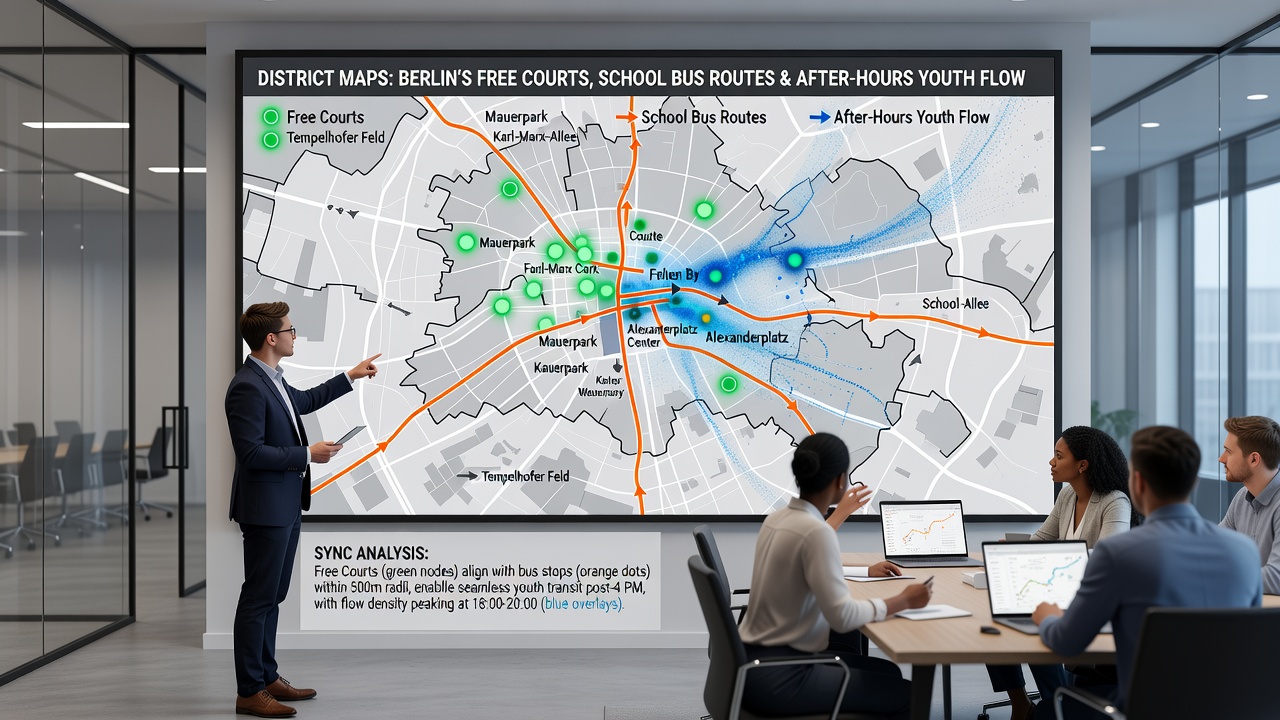 Detailansicht einer Berliner Bezirksroute mit Buslinien und Jugendaktivitätszonen