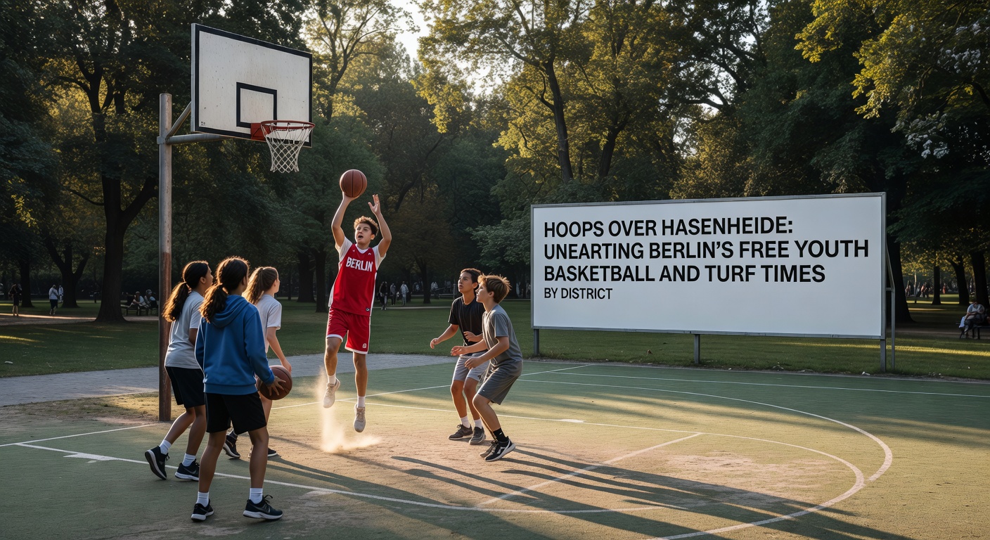 Gruppe von Jugendlichen auf Kunstrasen in Tempelhof, dribbelnd mit Ball, bei Tageslicht mit Parkbäumen im Hintergrund
