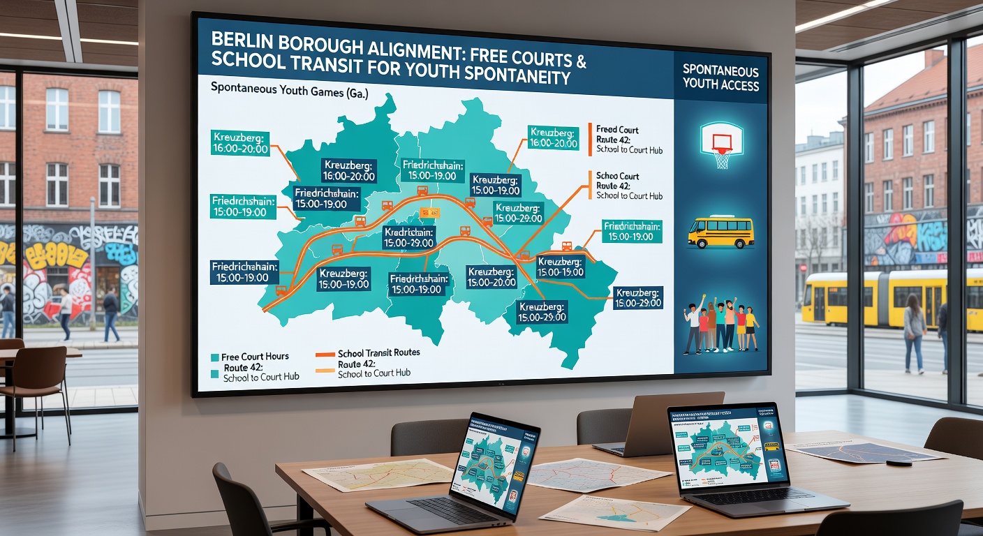 Detailansicht einer Bezirksroute mit Schulen, Bussen und Spielfeldern