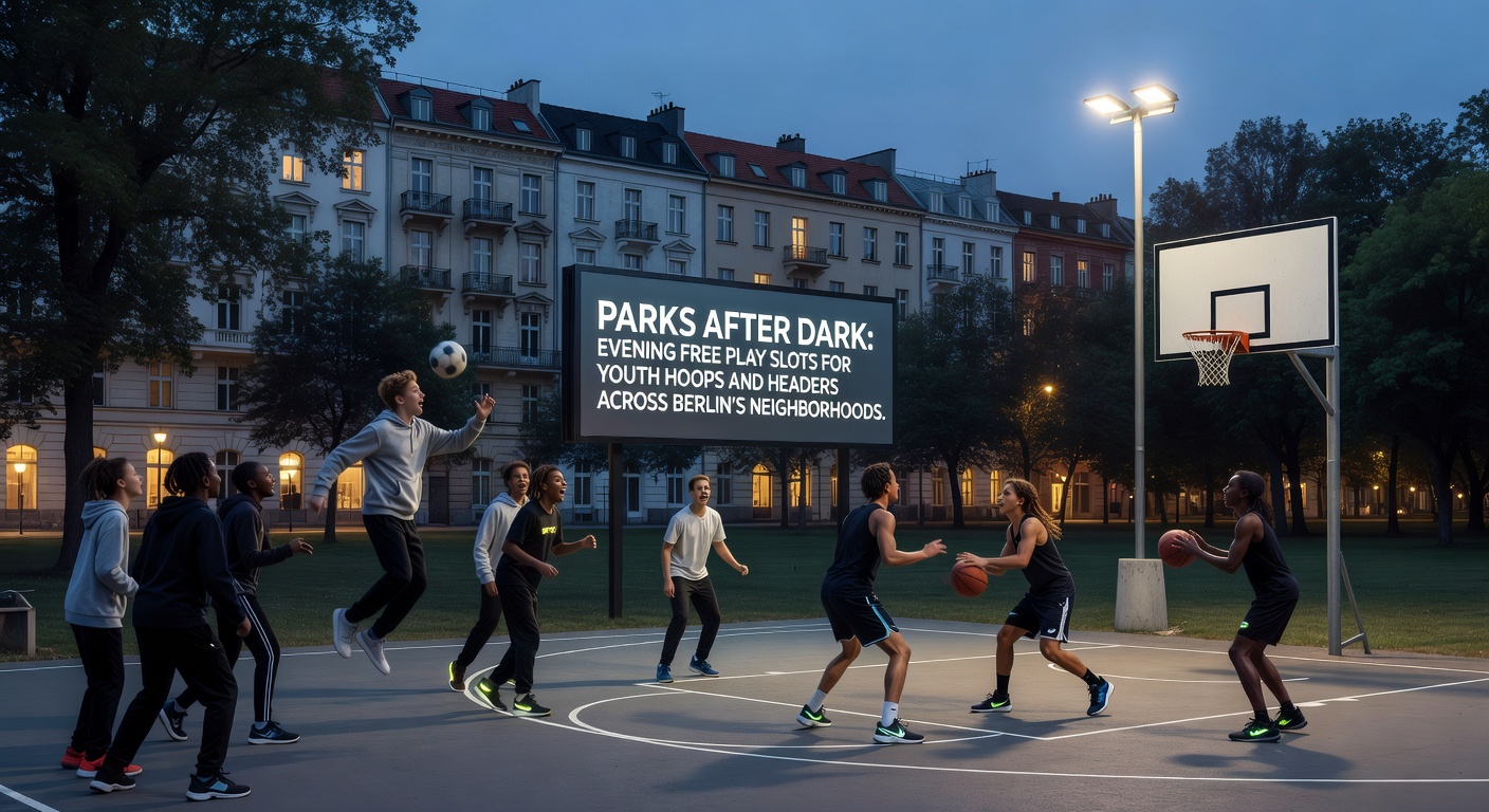 Fußballgruppe Jugendlicher in einem beleuchteten Berliner Park, Köpfe beim Header hoch im Licht der Lampen, Umgebung voller Energie