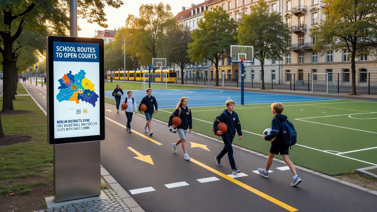Jugendliche beim Basketballspiel an einem kostenlosen Court in Berlin, der direkt an eine U-Bahn-Station angrenzt