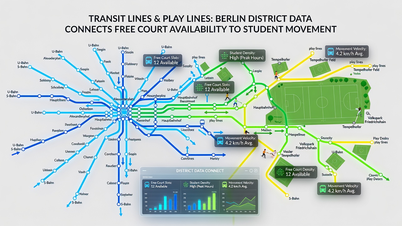 Detailansicht von Berliner Transitknotenpunkten mit farbcodierten Spielplätzen und Schülerbewegungsdaten
