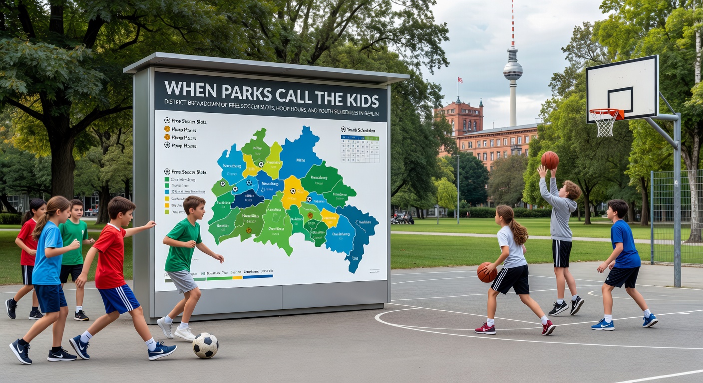 Kinder und Jugendliche beim Fußballspielen auf einem belebten Parkplatz in Berlin-Mitte, umgeben von urbaner Grünfläche und lachenden Gesichtern