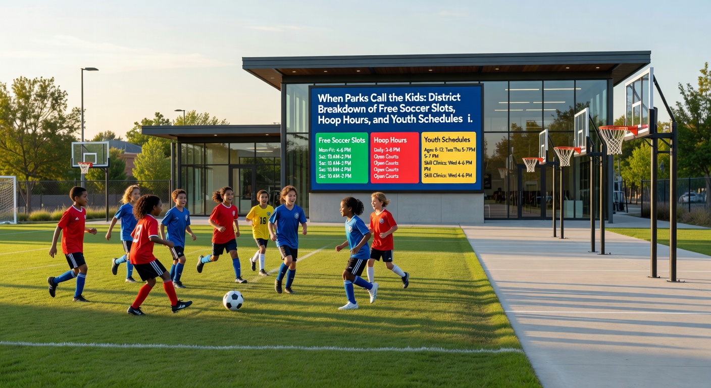 Jugendliche beim Basketballwurf in einem sonnigen Park in Berlin-Charlottenburg, mit Korbanlage im Vordergrund und Grünfläche im Hintergrund
