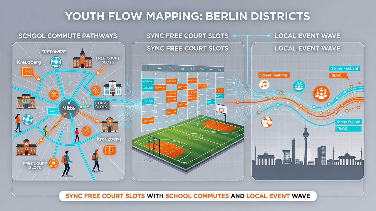 Infografik zu Verknüpfungen von Schulpendelzeiten, Event-Wellen und Court-Verfügbarkeit in Berliner Bezirken