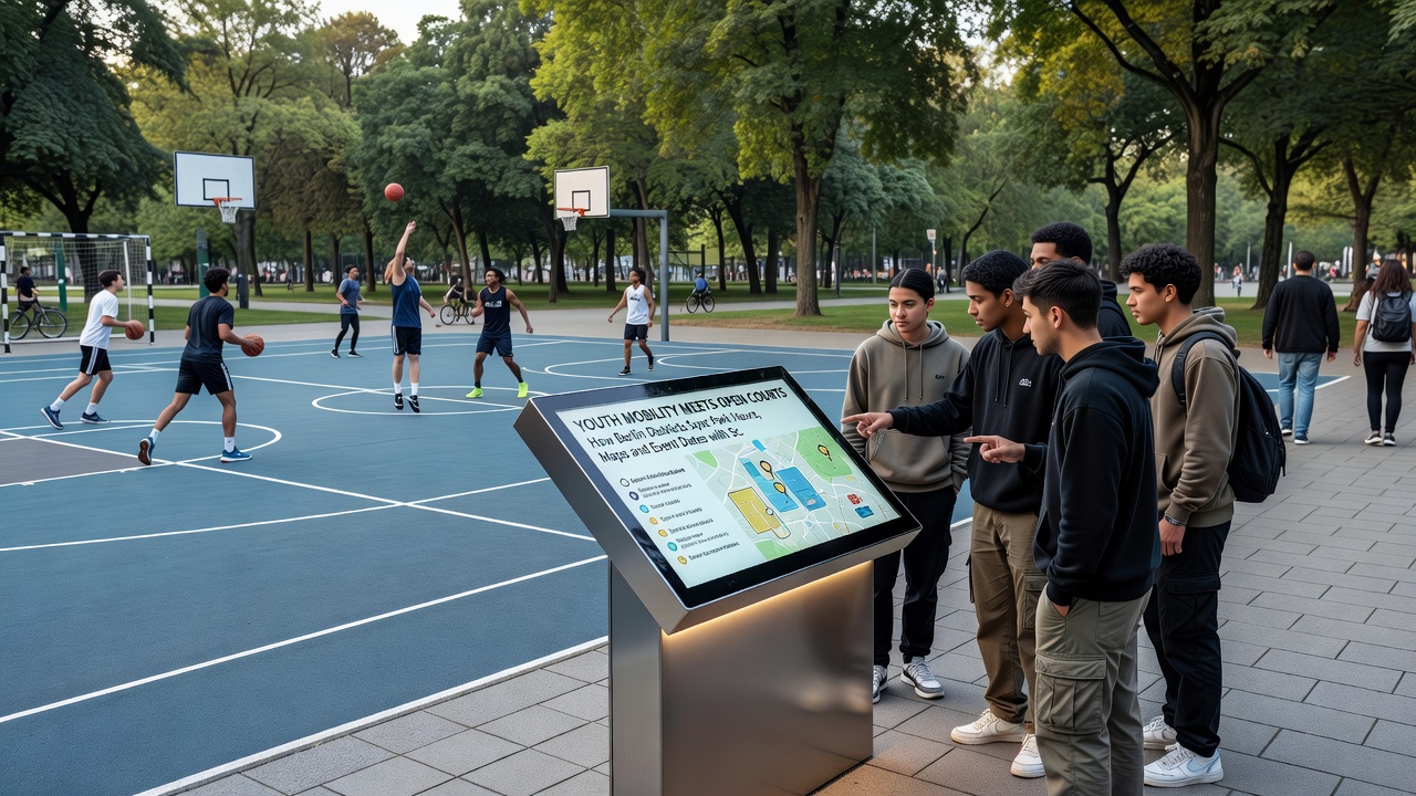 Jugendliche beim spontanen Basketballspiel auf einem Berliner Platz mit sichtbarer Wegverbindung zur nächsten Schule